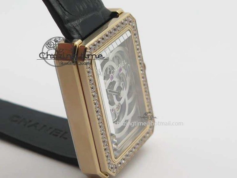 Premiere RG Camellia Silver Skeleton Dial Diamond Bezel On Black Leather Strap