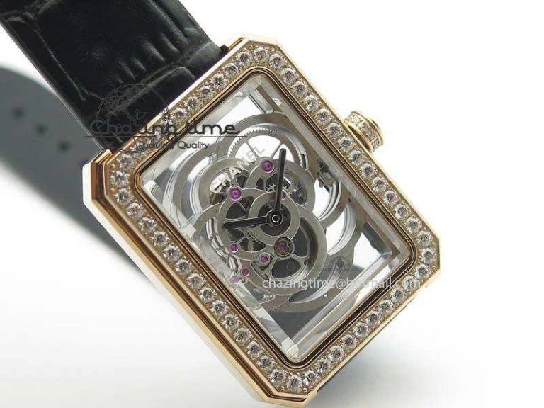 Premiere RG Camellia Silver Skeleton Dial Diamond Bezel On Black Leather Strap