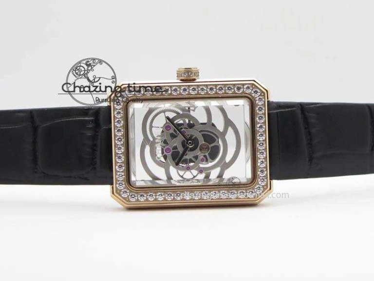 Premiere RG Camellia Silver Skeleton Dial Diamond Bezel On Black Leather Strap