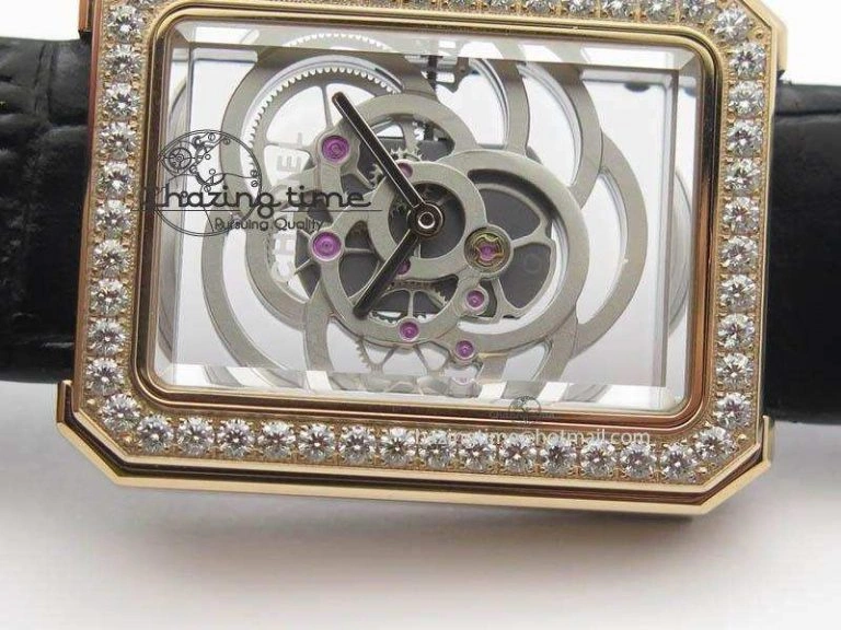 Premiere RG Camellia Silver Skeleton Dial Diamond Bezel On Black Leather Strap