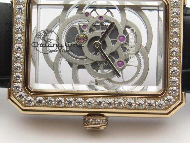 Premiere RG Camellia Silver Skeleton Dial Diamond Bezel On Black Leather Strap