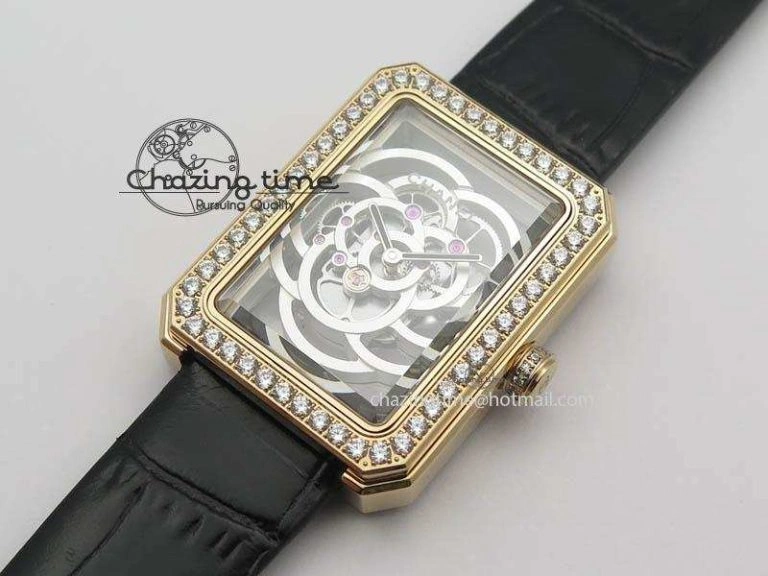 Premiere RG Camellia Silver Skeleton Dial Diamond Bezel On Black Leather Strap