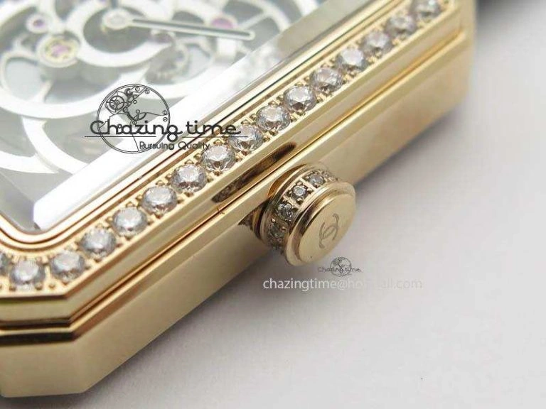Premiere RG Camellia Silver Skeleton Dial Diamond Bezel On Black Leather Strap