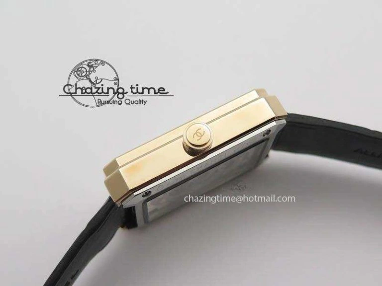 Premiere RG Camellia Silver Skeleton Dial Diamond Bezel On Black Leather Strap