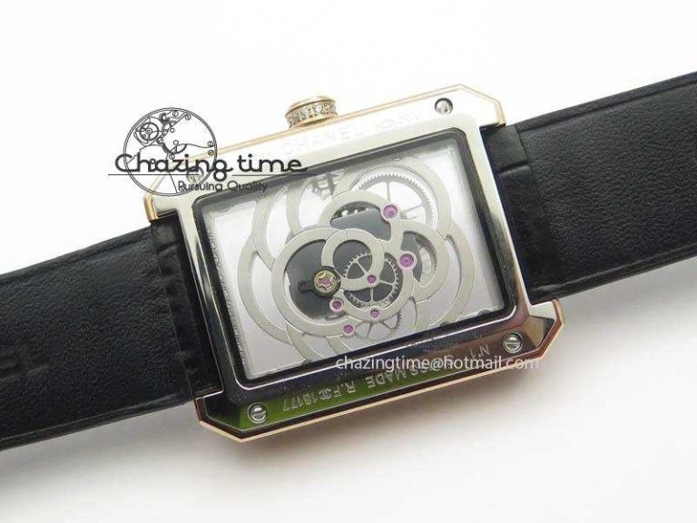 Premiere RG Camellia Silver Skeleton Dial Diamond Bezel On Black Leather Strap