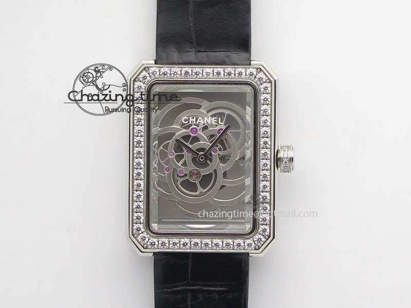 Premiere SS Camellia Silver Skeleton Dial Diamond Bezel On Black Leather Strap