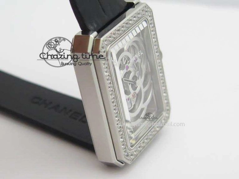 Premiere SS Camellia Silver Skeleton Dial Diamond Bezel On Black Leather Strap