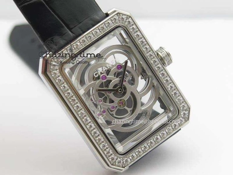 Premiere SS Camellia Silver Skeleton Dial Diamond Bezel On Black Leather Strap