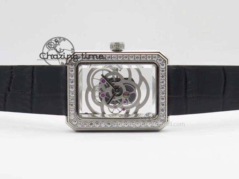 Premiere SS Camellia Silver Skeleton Dial Diamond Bezel On Black Leather Strap