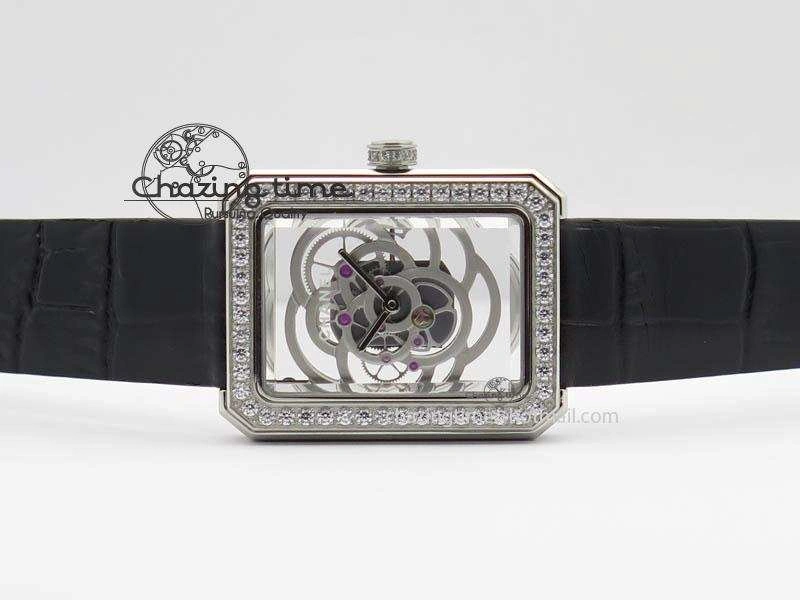Premiere SS Camellia Silver Skeleton Dial Diamond Bezel On Black Leather Strap