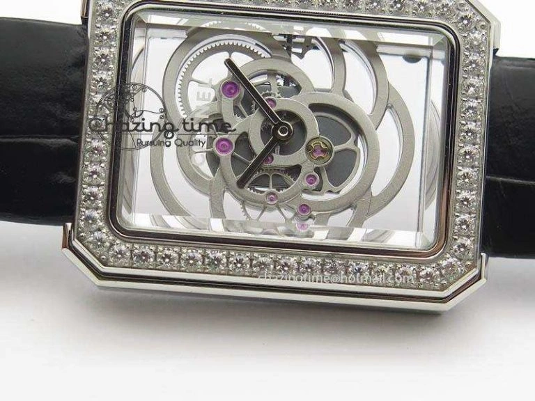Premiere SS Camellia Silver Skeleton Dial Diamond Bezel On Black Leather Strap