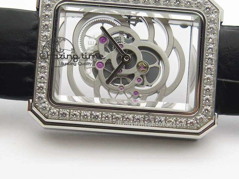 Premiere SS Camellia Silver Skeleton Dial Diamond Bezel On Black Leather Strap