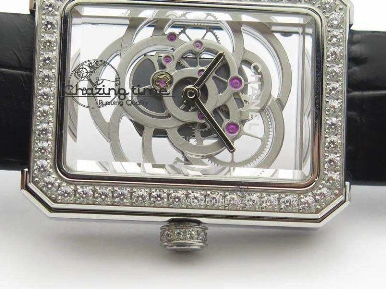Premiere SS Camellia Silver Skeleton Dial Diamond Bezel On Black Leather Strap