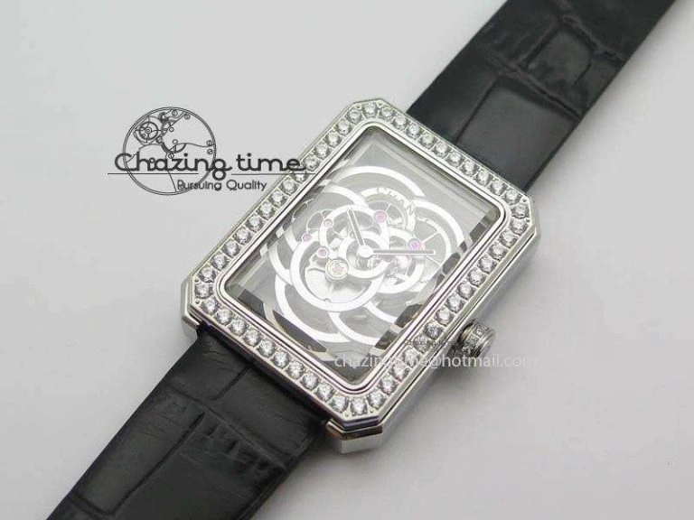 Premiere SS Camellia Silver Skeleton Dial Diamond Bezel On Black Leather Strap