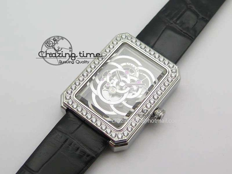 Premiere SS Camellia Silver Skeleton Dial Diamond Bezel On Black Leather Strap