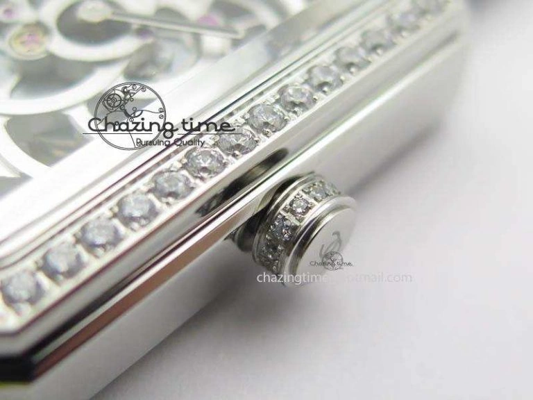 Premiere SS Camellia Silver Skeleton Dial Diamond Bezel On Black Leather Strap