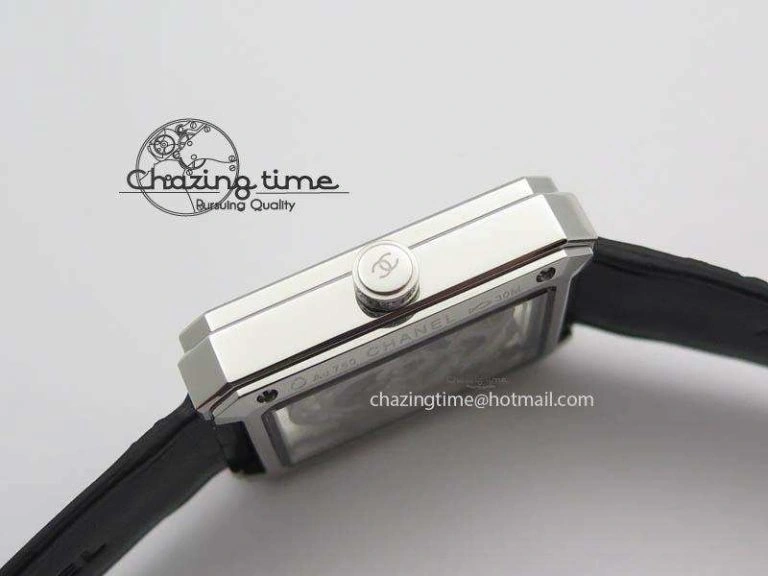 Premiere SS Camellia Silver Skeleton Dial Diamond Bezel On Black Leather Strap