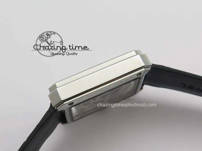 Premiere SS Camellia Silver Skeleton Dial Diamond Bezel On Black Leather Strap