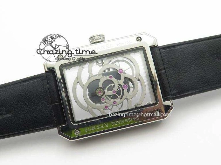 Premiere SS Camellia Silver Skeleton Dial Diamond Bezel On Black Leather Strap