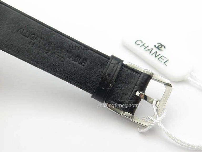Premiere SS Camellia Silver Skeleton Dial Diamond Bezel On Black Leather Strap