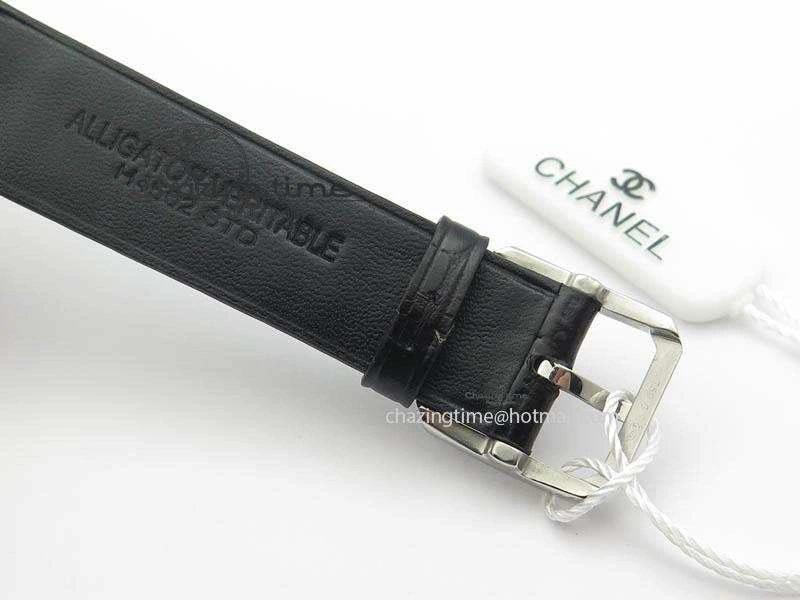 Premiere SS Camellia Silver Skeleton Dial Diamond Bezel On Black Leather Strap