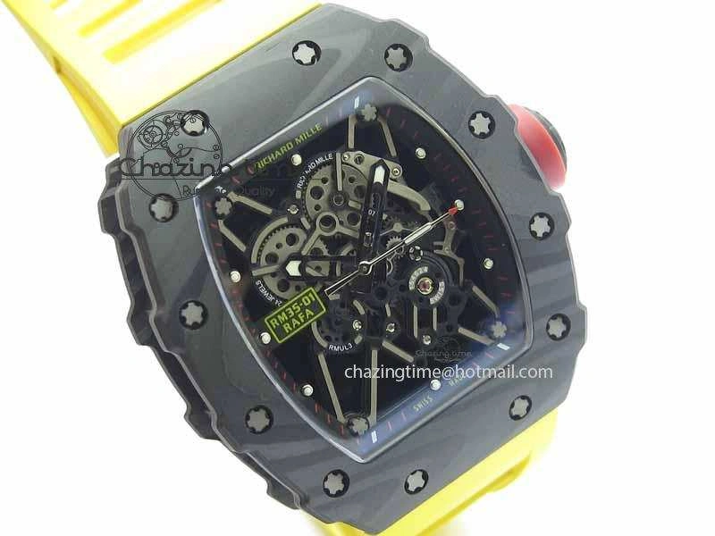 RM 035-01 Forged Carbon KVF Best Edition Black Skeleton Dial Red On Rubber Strap MIYOTA8215