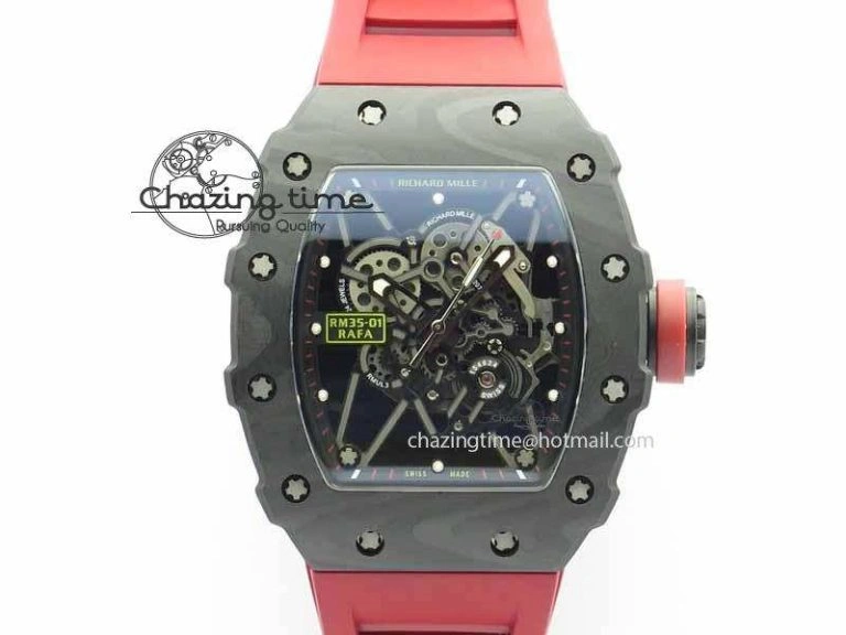 RM 035-01 Forged Carbon KVF Best Edition Black Skeleton Dial Red On Rubber Strap MIYOTA8215