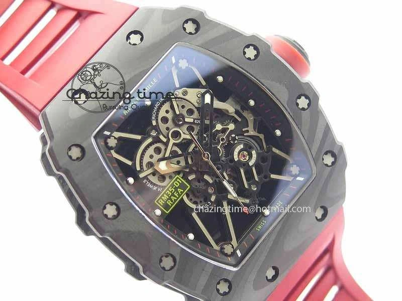 RM 035-01 Forged Carbon KVF Best Edition Black Skeleton Dial Red On Rubber Strap MIYOTA8215