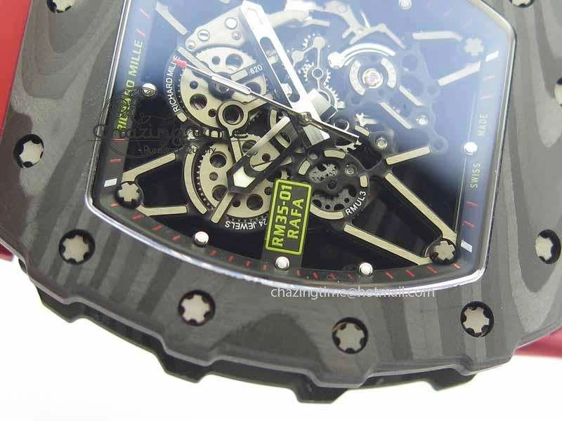 RM 035-01 Forged Carbon KVF Best Edition Black Skeleton Dial Red On Rubber Strap MIYOTA8215
