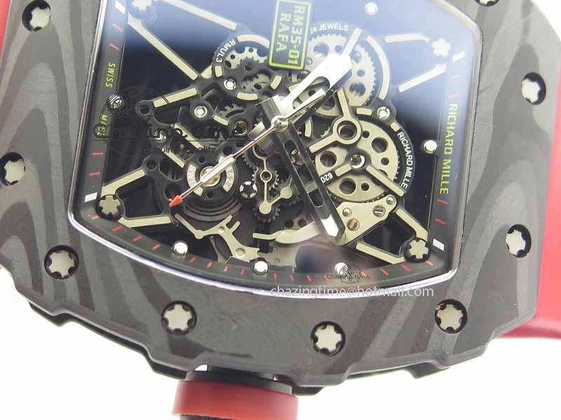 RM 035-01 Forged Carbon KVF Best Edition Black Skeleton Dial Red On Rubber Strap MIYOTA8215