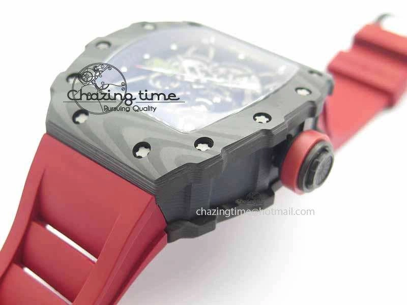 RM 035-01 Forged Carbon KVF Best Edition Black Skeleton Dial Red On Rubber Strap MIYOTA8215