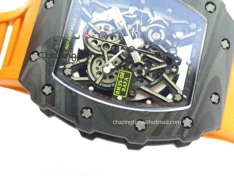 RM 035-02 Forged Carbon KVF Best Edition Black Inner Bezel Skeleton Dial On Orange Rubber Strap