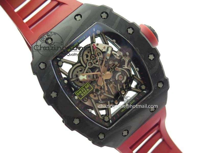 RM 035-02 Forged Carbon KVF Best Edition Black Inner Bezel Skeleton Dial On Red Rubber Strap