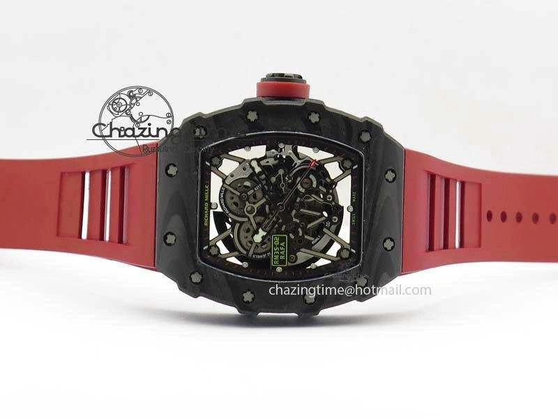 RM 035-02 Forged Carbon KVF Best Edition Black Inner Bezel Skeleton Dial On Red Rubber Strap