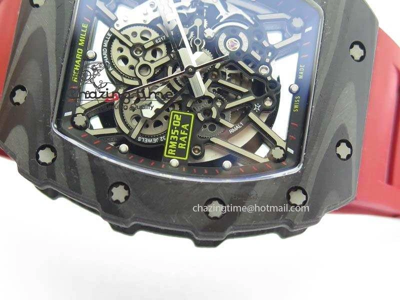RM 035-02 Forged Carbon KVF Best Edition Black Inner Bezel Skeleton Dial On Red Rubber Strap