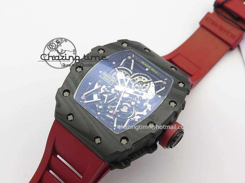 RM 035-02 Forged Carbon KVF Best Edition Black Inner Bezel Skeleton Dial On Red Rubber Strap