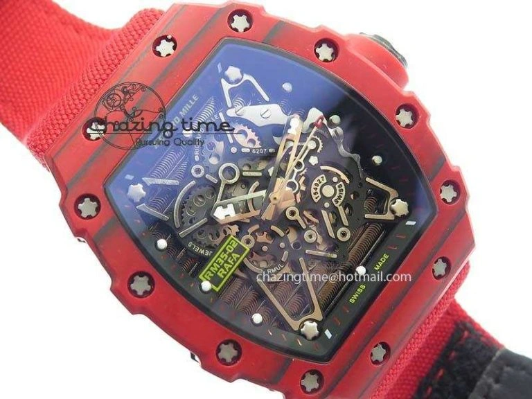 RM 035-2 Red Carbon Black Inner Bezel Skeleton Dial On Red Nylon Strap MIYOTA9015