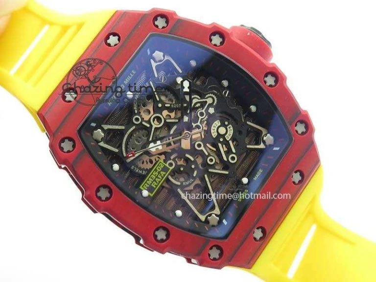 RM 035-2 Red Carbon Black Inner Bezel Skeleton Dial On Yellow Rubber Strap MIYOTA9015