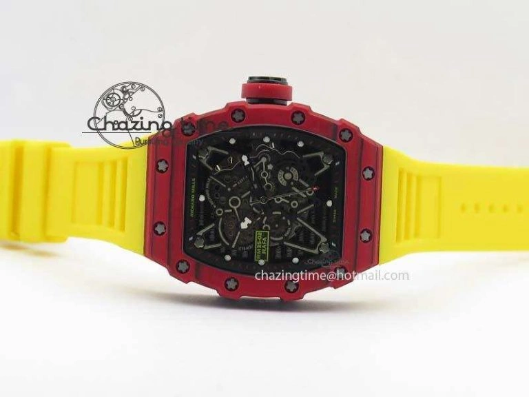 RM 035-2 Red Carbon Black Inner Bezel Skeleton Dial On Yellow Rubber Strap MIYOTA9015