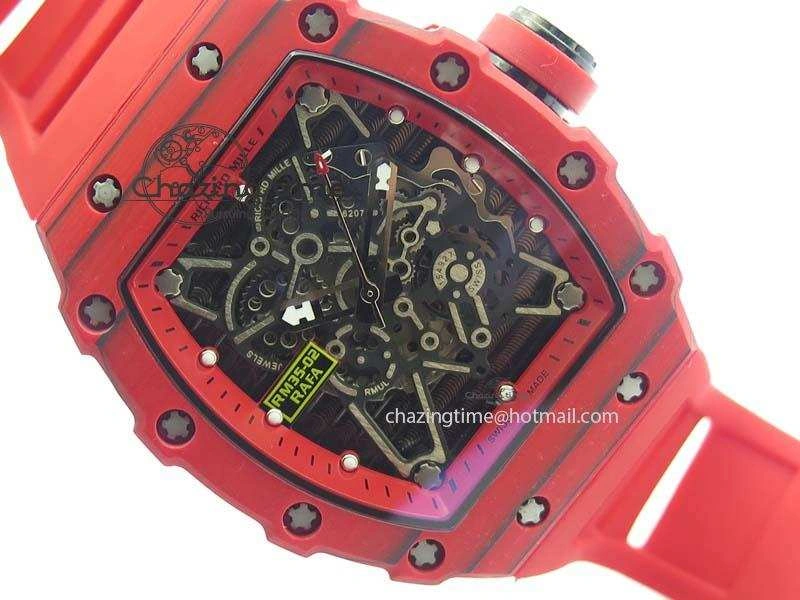 RM 035-2 Red Carbon Red Inner Bezel Skeleton Dial On Red Rubber Strap MIYOTA9015