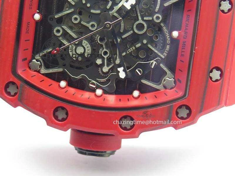RM 035-2 Red Carbon Red Inner Bezel Skeleton Dial On Red Rubber Strap MIYOTA9015