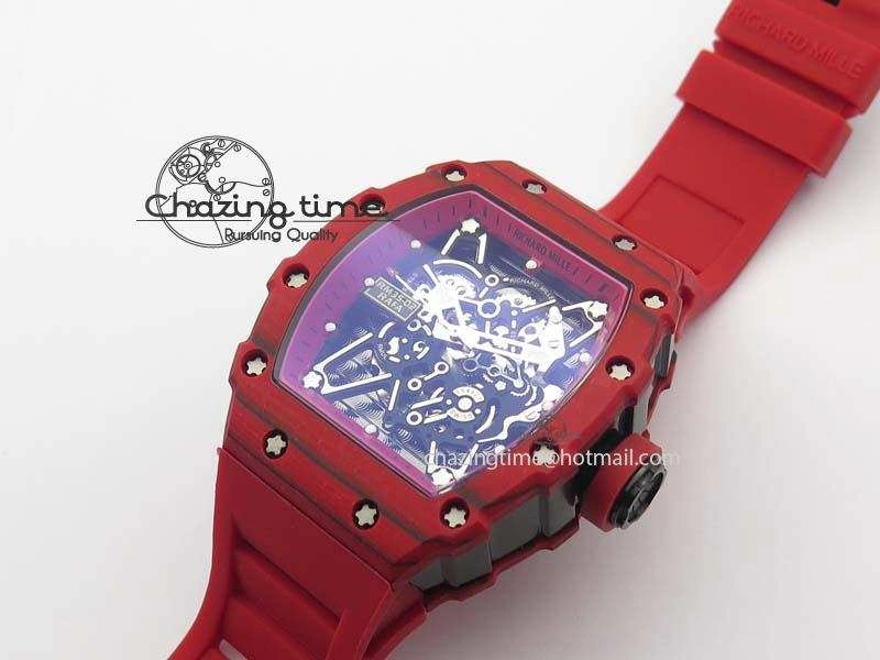 RM 035-2 Red Carbon Red Inner Bezel Skeleton Dial On Red Rubber Strap MIYOTA9015