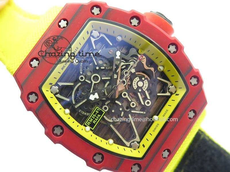RM 035-2 Red Carbon Yellow Inner Bezel Skeleton Dial On Yellow Nylon Strap MIYOTA9015