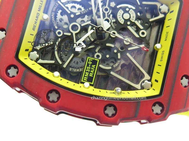 RM 035-2 Red Carbon Yellow Inner Bezel Skeleton Dial On Yellow Nylon Strap MIYOTA9015