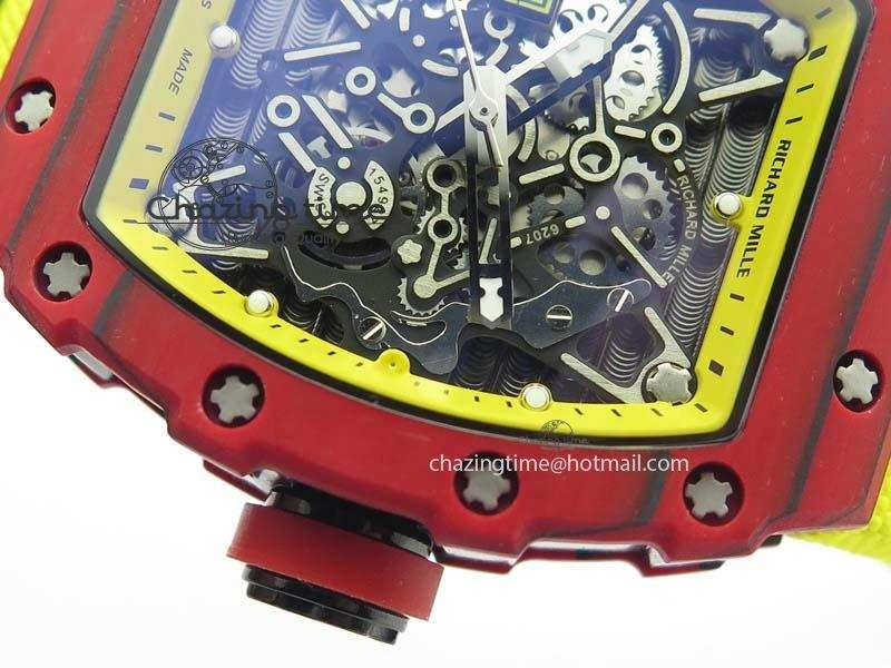 RM 035-2 Red Carbon Yellow Inner Bezel Skeleton Dial On Yellow Nylon Strap MIYOTA9015