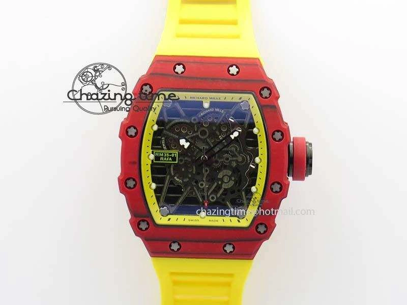 RM 035-2 Red Carbon Yellow Inner Bezel Skeleton Dial On Yellow Rubber Strap MIYOTA9015