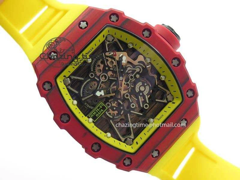 RM 035-2 Red Carbon Yellow Inner Bezel Skeleton Dial On Yellow Rubber Strap MIYOTA9015