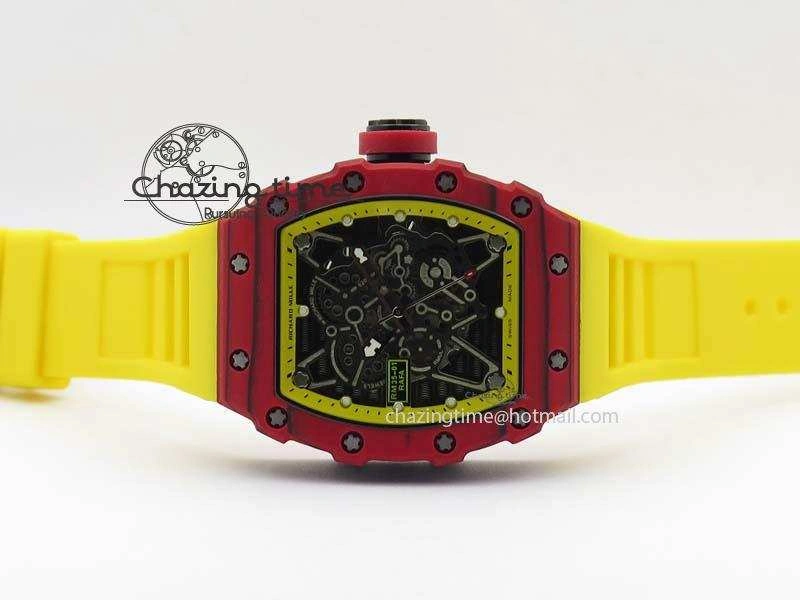 RM 035-2 Red Carbon Yellow Inner Bezel Skeleton Dial On Yellow Rubber Strap MIYOTA9015