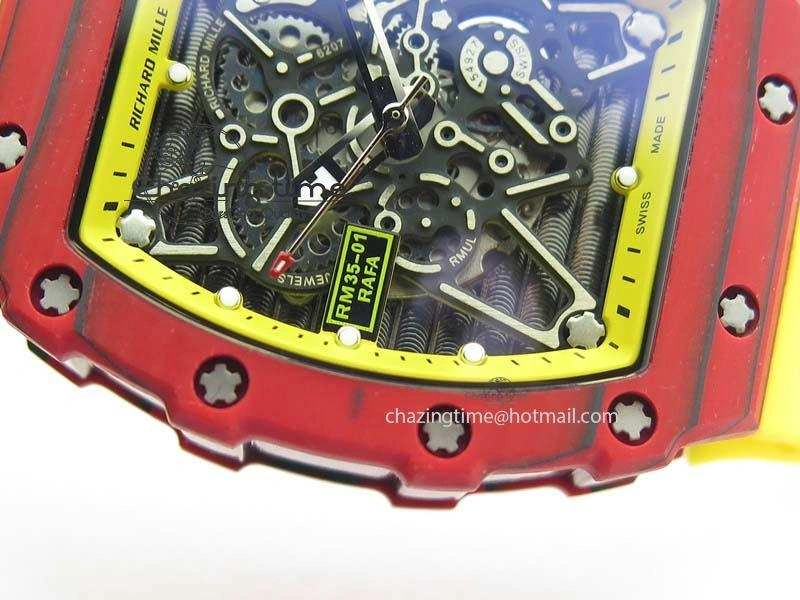 RM 035-2 Red Carbon Yellow Inner Bezel Skeleton Dial On Yellow Rubber Strap MIYOTA9015