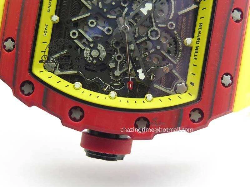 RM 035-2 Red Carbon Yellow Inner Bezel Skeleton Dial On Yellow Rubber Strap MIYOTA9015